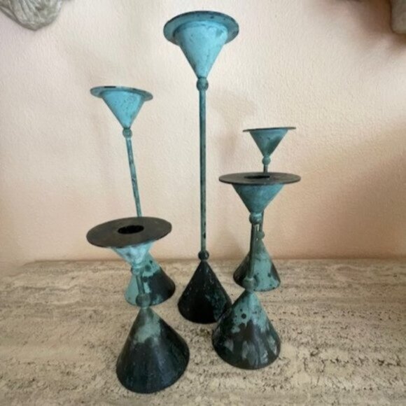 Verdigris Candlestick Holder's Set of 5 Various Sizes Hollywood Regency